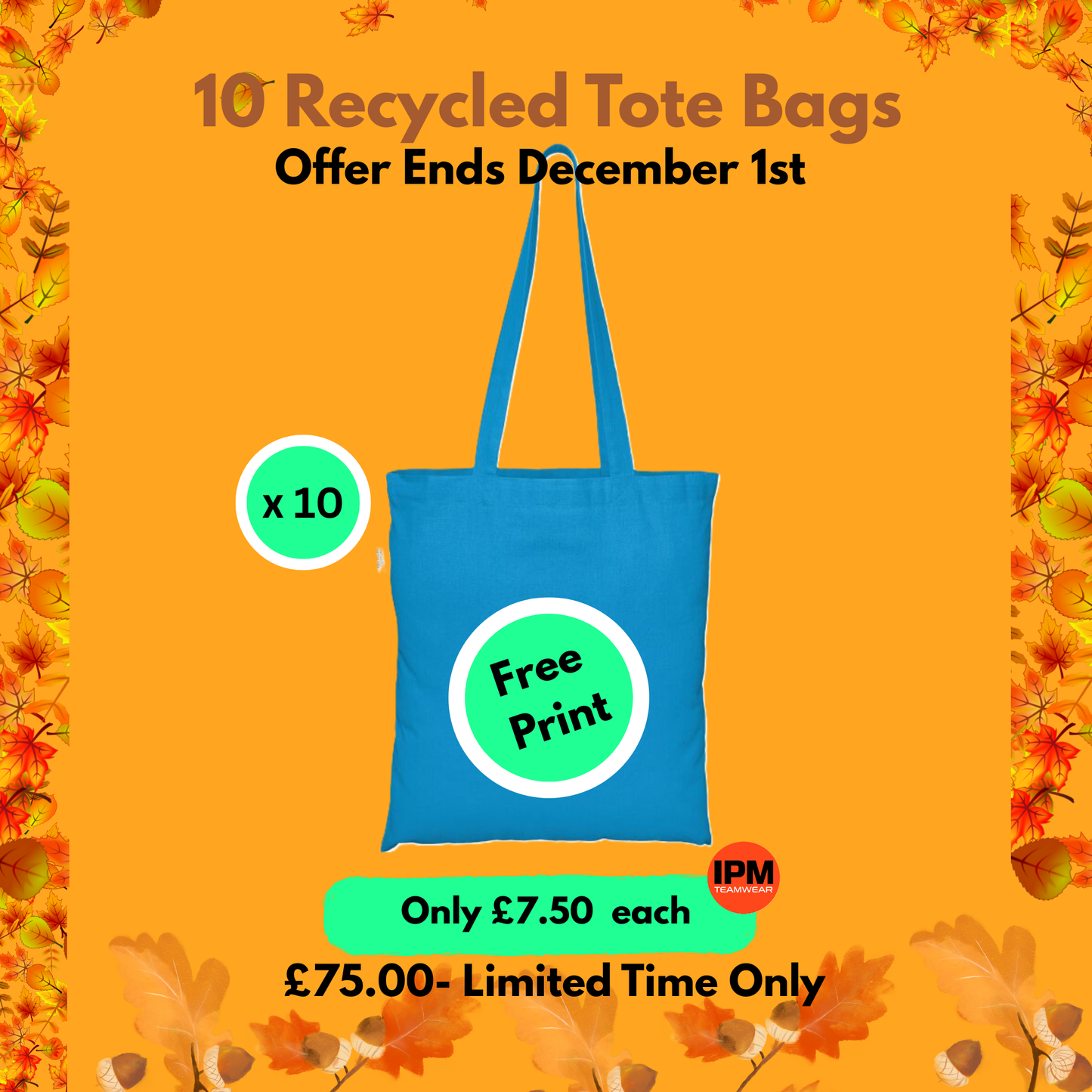 10 x Recycled Tote Bag (Free Print)