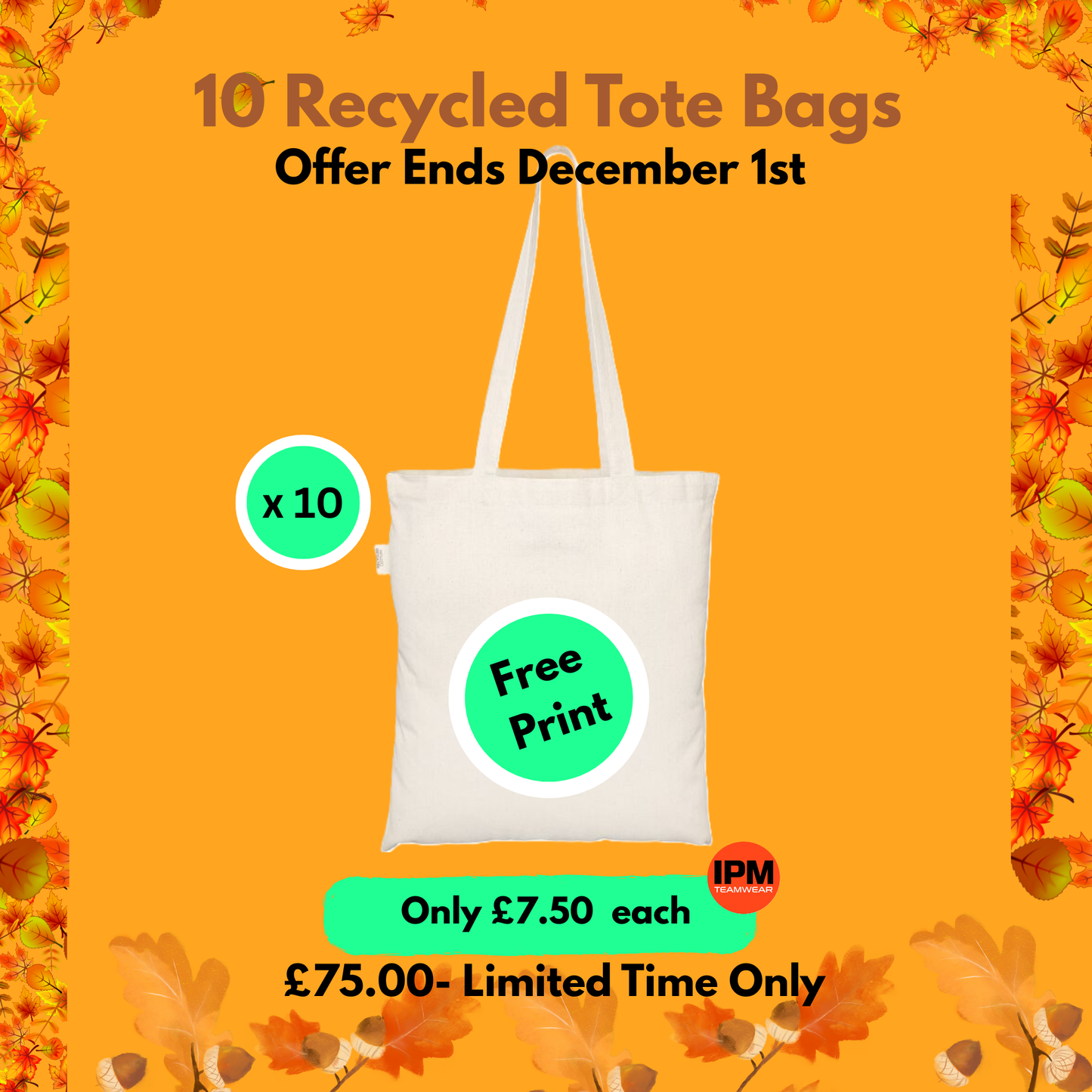 10 x Recycled Tote Bag (Free Print)