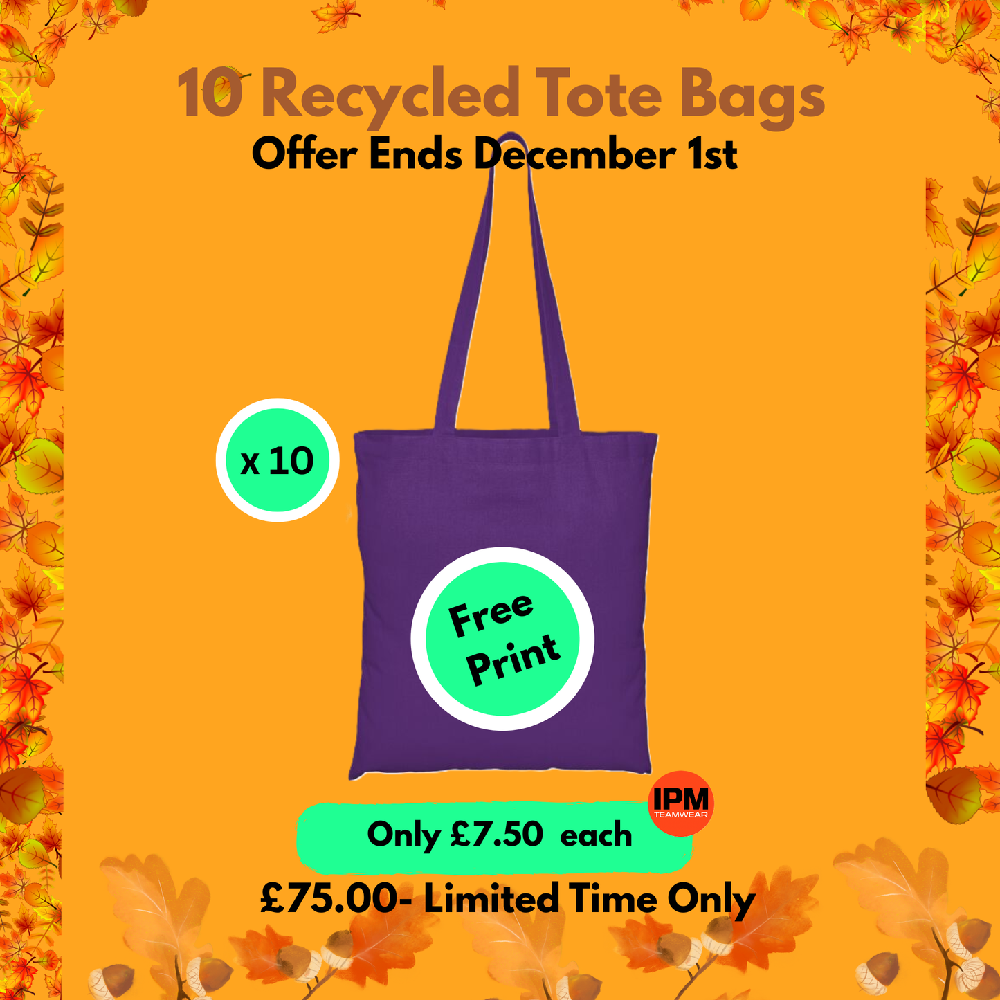10 x Recycled Tote Bag (Free Print)