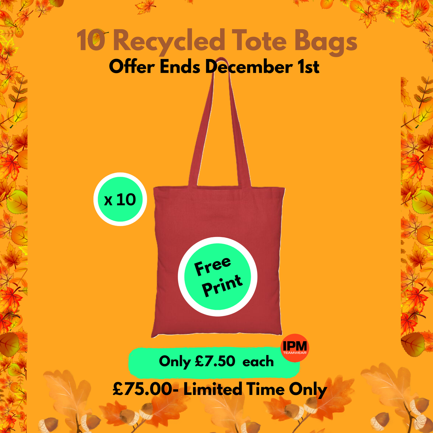 10 x Recycled Tote Bag (Free Print)