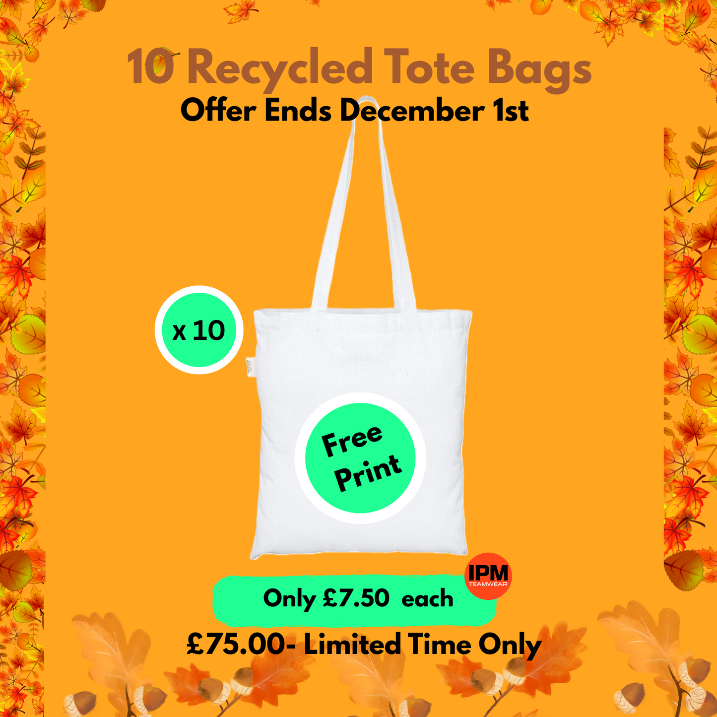 10 x Recycled Tote Bag (Free Print)