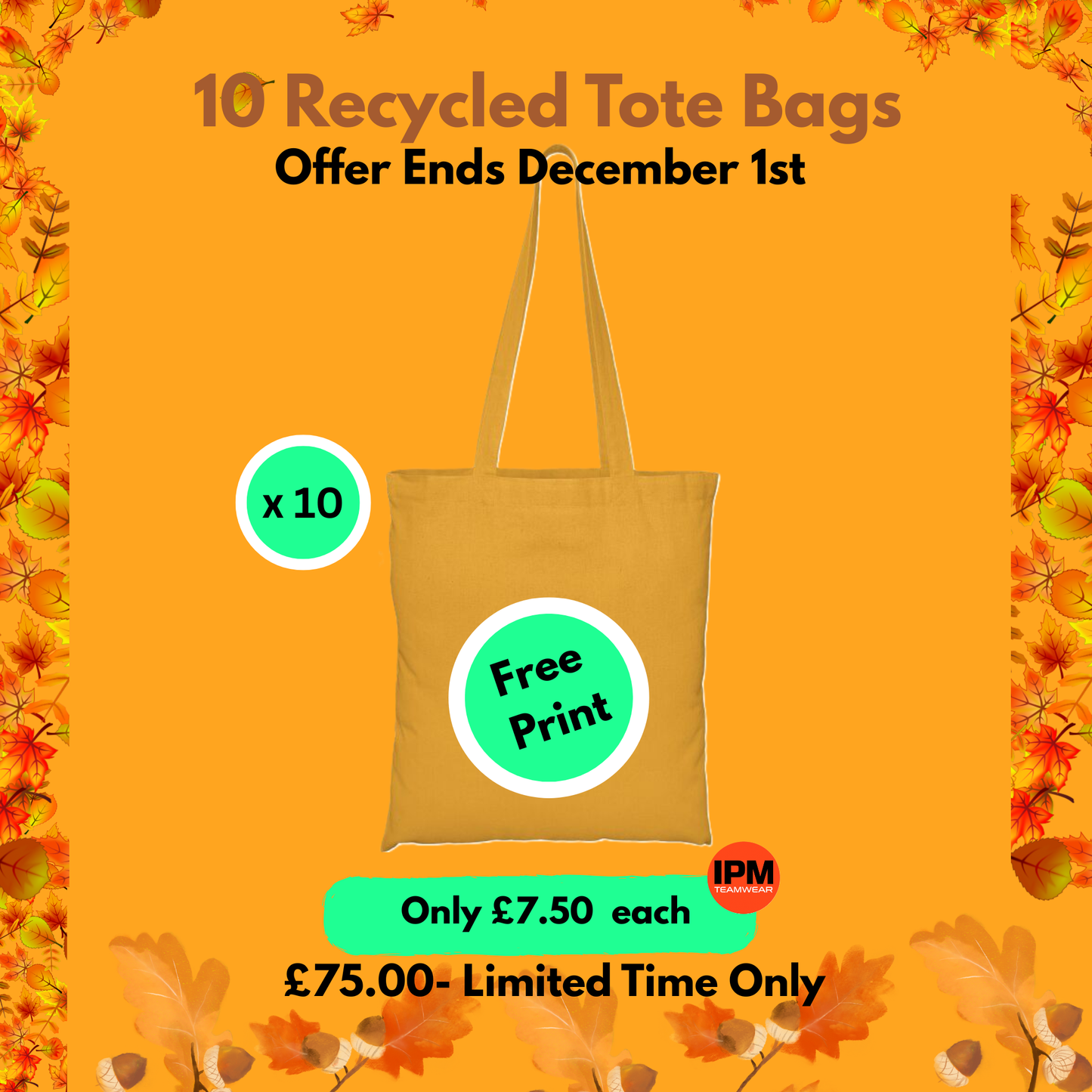 10 x Recycled Tote Bag (Free Print)