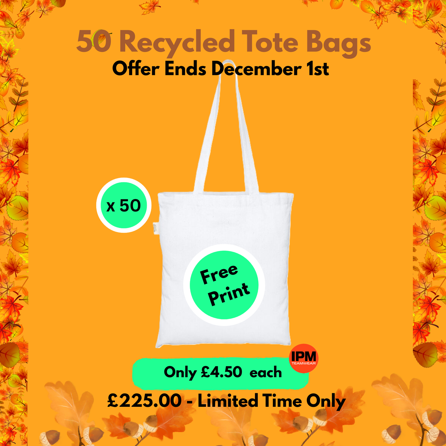 50 x Recycled Tote Bag (Free Print)